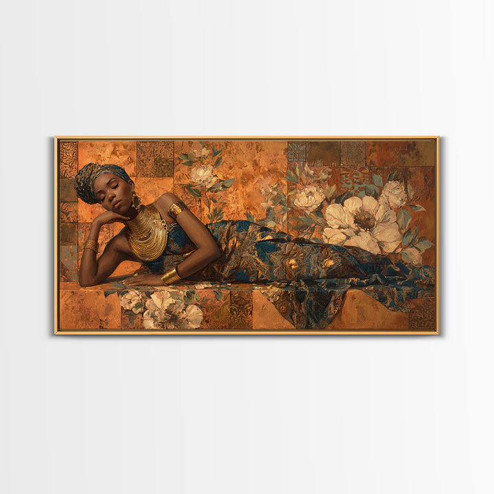 Expressive Portrait with Ornate Floral Background and Canvas Print, African Inspired Art, Modern Wall Art, Living Room Decor, AIA-2x1-97