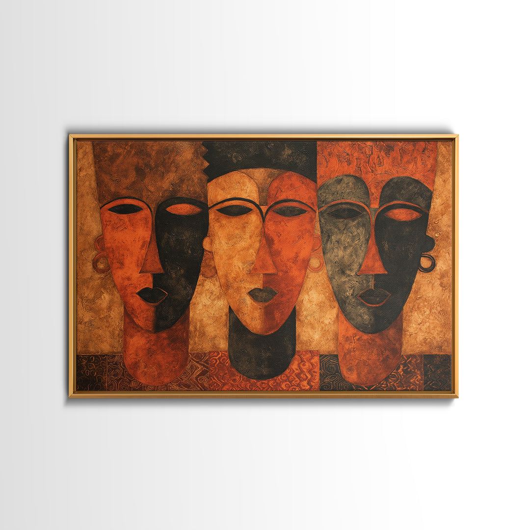 Minimalist African Line Art Faces on Parchment Canvas Print, African Inspired Art, Removable Wallpaper, Living Room Decor, AIA-3x2-86
