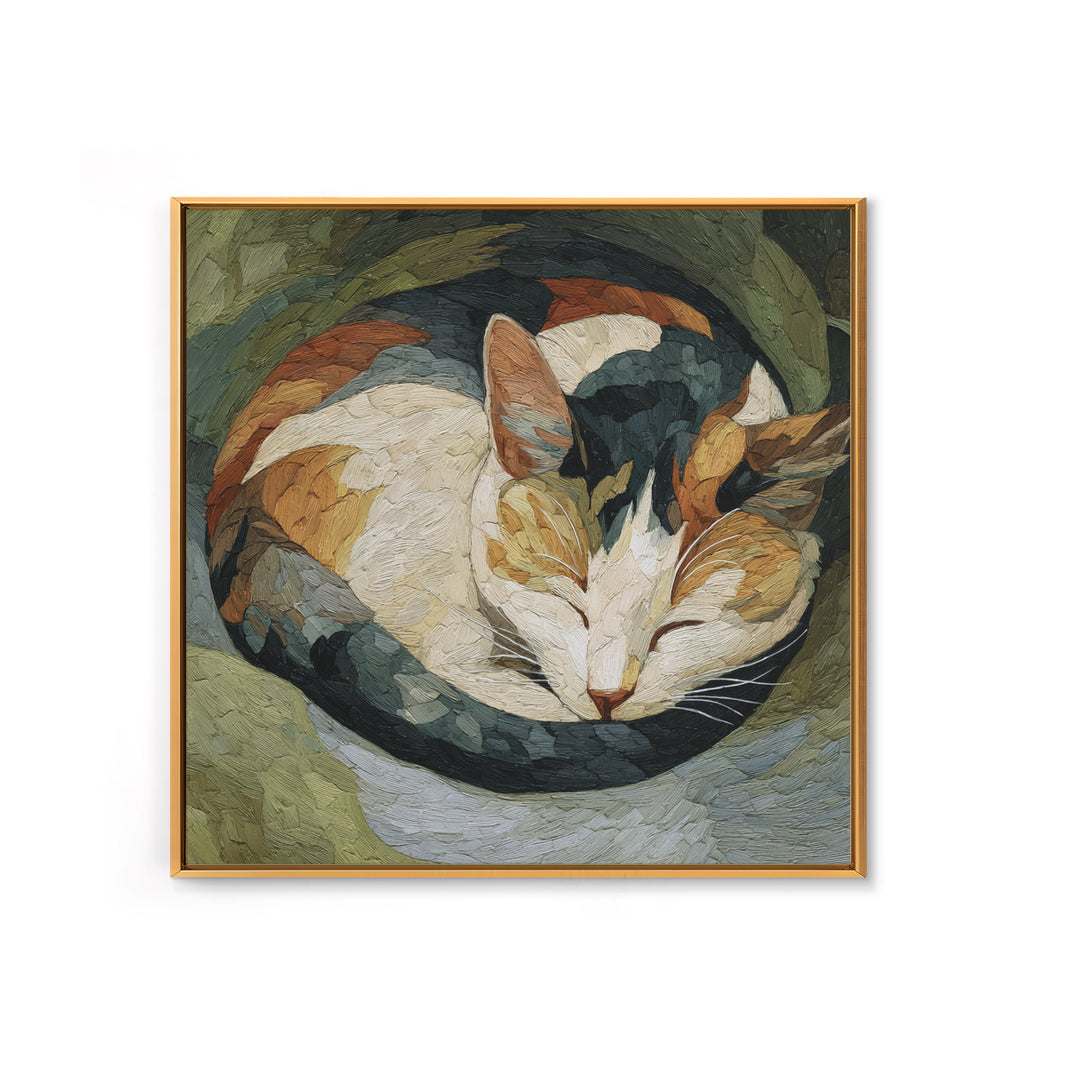 Sleeping Cat Curled Framed Canvas Print, Animal Art, Wall Decor, Living Room Decor, Fine Art, Creature, Nursery Wall Art, ANI-1x1-12