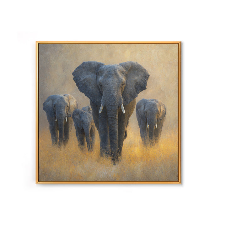 Elephant Family Walking Through Dusty Golden Light Canvas Print, Animal Art, Living Room Decor, Creature, Fine Art Print, ANI-1x1-14