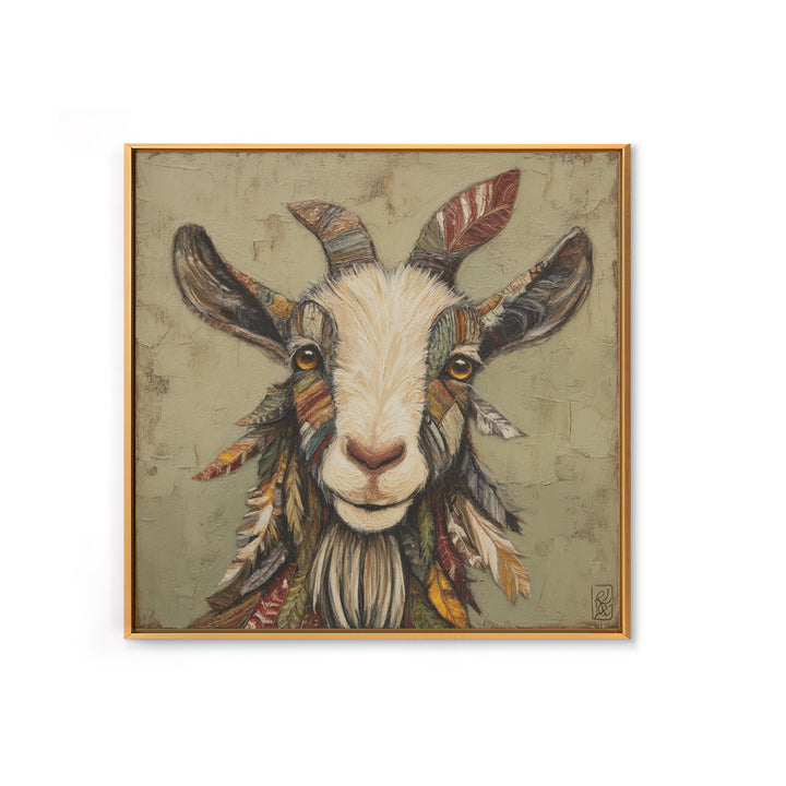 Goat Portrait with Rustic Folk Art Personality Framed Canvas Print, Animal Art, Cat Art, Living Room Decor, Fine Art, Creature, ANI-1x1-21