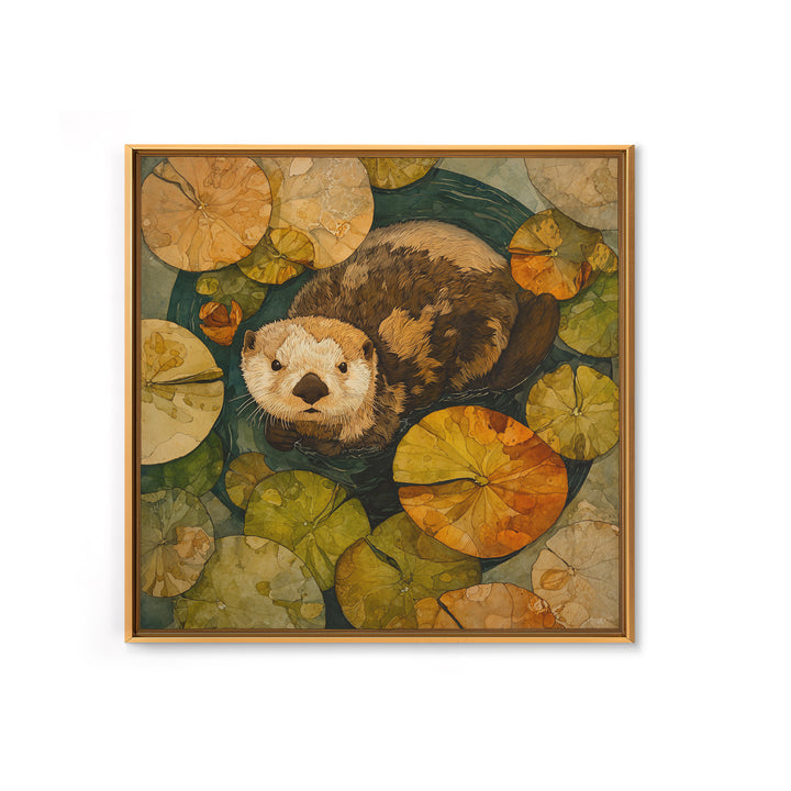 Playful Otter Floating Among Lily Pads Framed Canvas Print, Animal Art, Gallery Decor, Living Room Decor, Fine Art, Creature, ANI-1x1-32