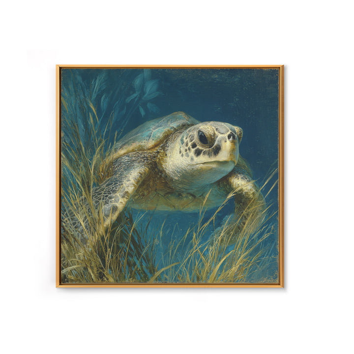 Sea Turtle Drifting Through Luminous Blue Water Canvas Print, Animal Art, Boho Wall Art, Living Room Decor, Creature, ANI-1x1-42