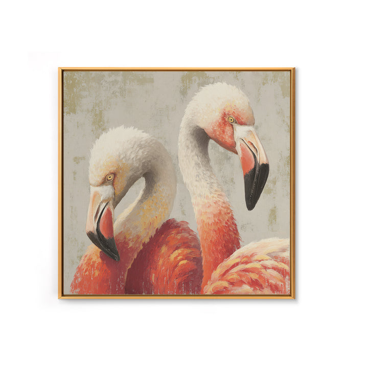 Flamingo Pair in Elegant Coral and Cream Framed Canvas Print, Animal Art, Farmhouse Decor, Living Room Decor, Oil Painting, ANI-1x1-43