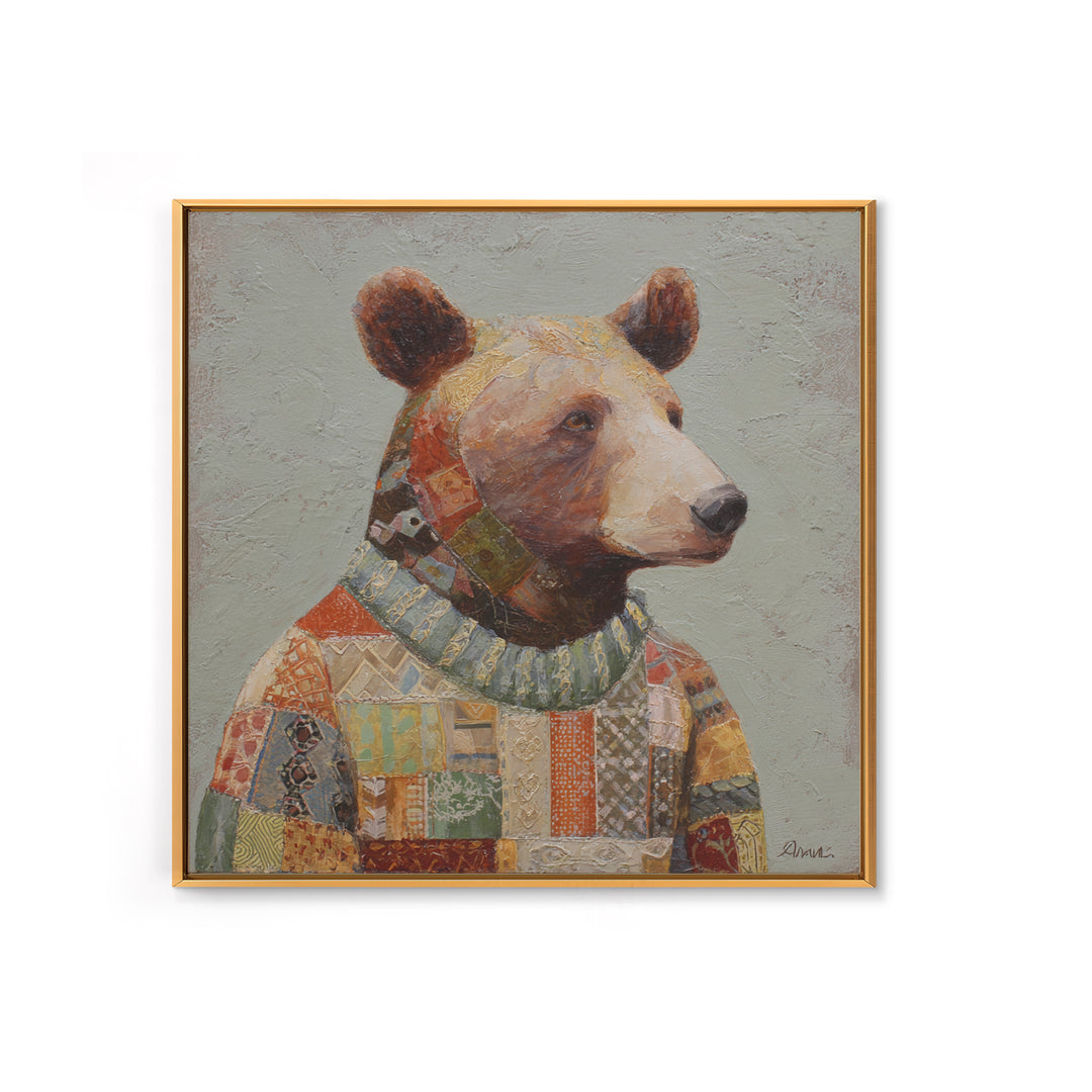 Whimsical Bear in a Patterned Sweater with Canvas Print, Animal Art, Modern Wall Art, Living Room Decor, Fine Art, Creature, ANI-1x1-50