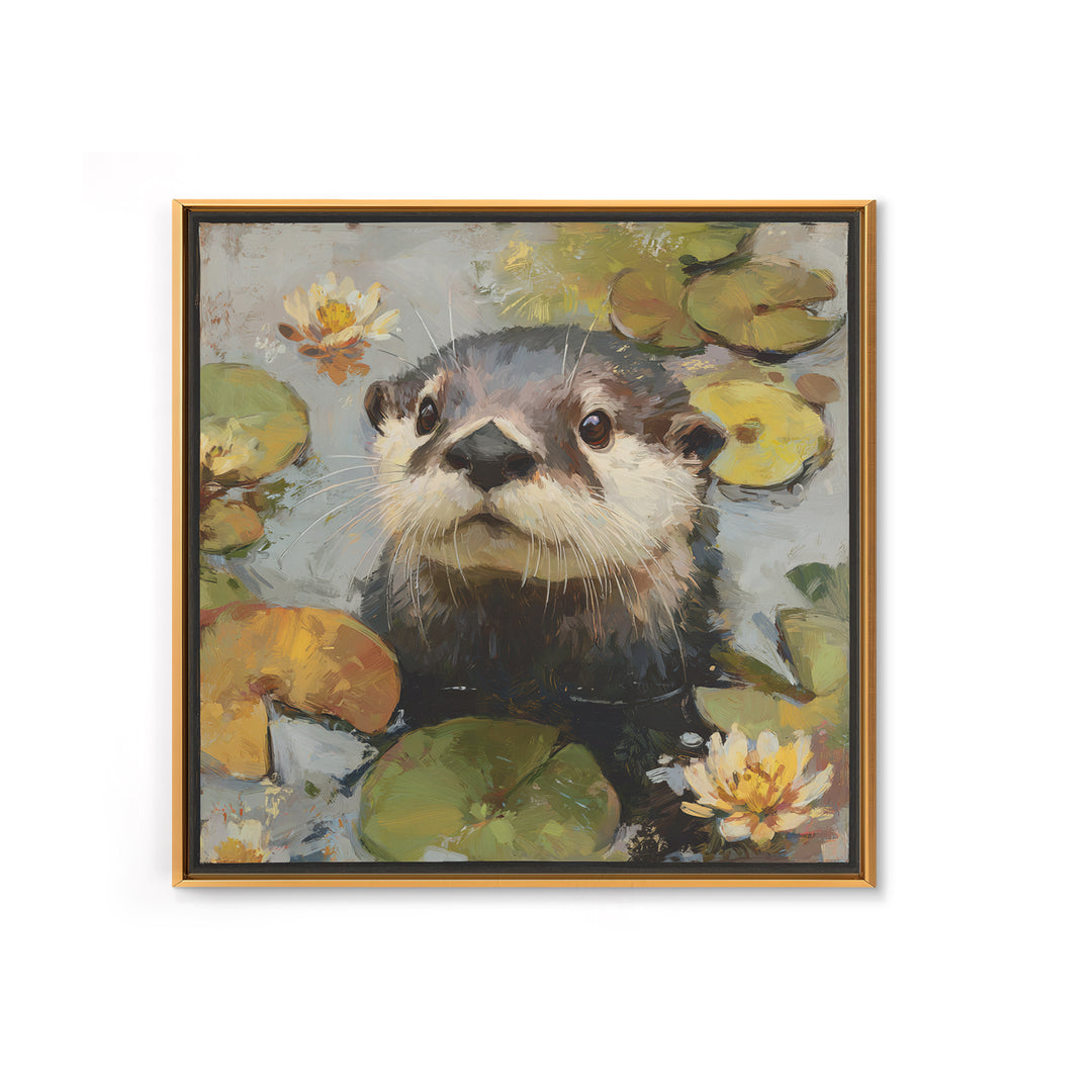 Playful Otter Floating Among Lily Pads Framed Canvas Print, Animal Art, Original Painting, Living Room Decor, Creature, ANI-1x1-56