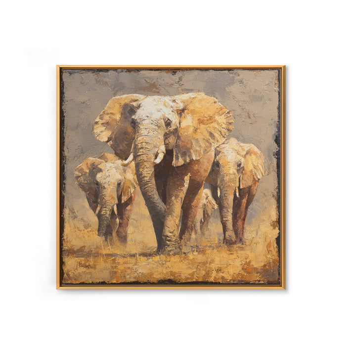 Elephant Family Walking Through Dusty Golden Light Canvas Print, Animal Art, Safari Nursery Decor, Living Room Decor, Creature, ANI-1x1-62