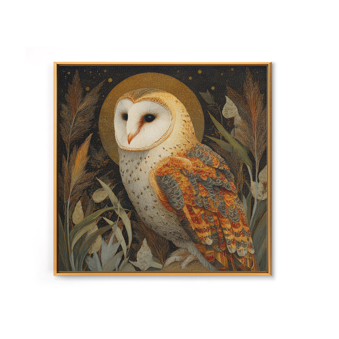 Owl with Moonlit Feathers and Celestial Accents Framed Canvas Print, Animal Art, Downloadable Art, Living Room Decor, Creature, ANI-1x1-63