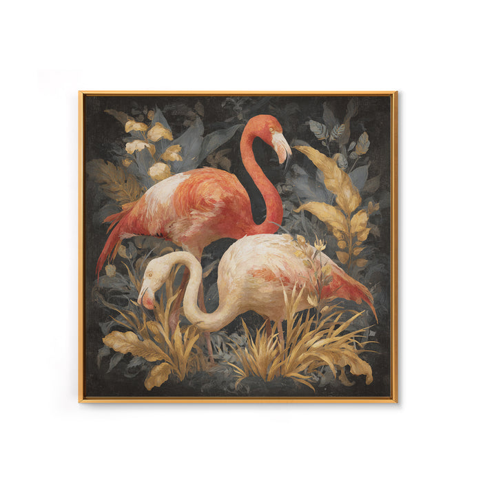 Flamingo Pair in Elegant Coral and Cream Framed Canvas Print, Animal Art, Gallery Decor, Living Room Decor, Fine Art, Creature, ANI-1x1-67