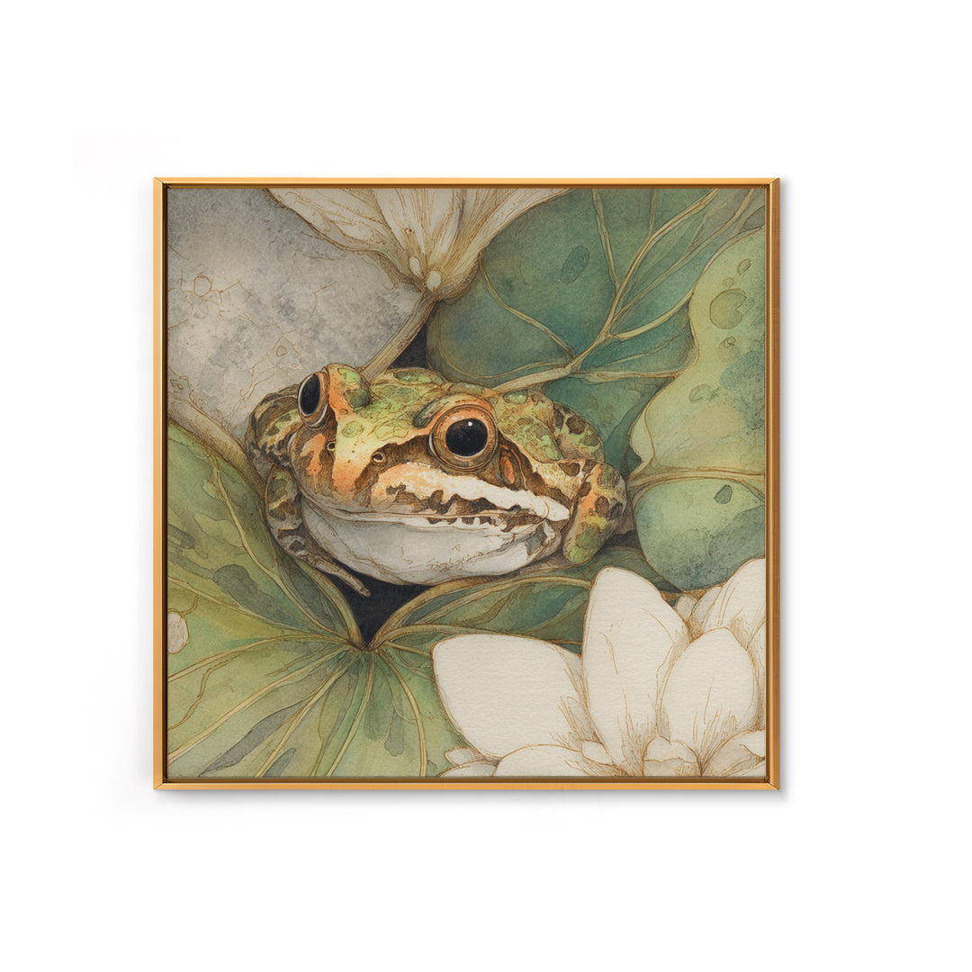 Frog on a Lotus Leaf Framed Canvas Print, Animal Art, Boho Wall Art, Living Room Decor, Oil Painting, Creature, ANI-1x1-68