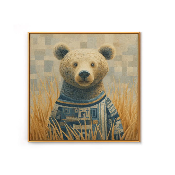 Whimsical Bear in a Patterned Sweater with Framed Canvas Print, Animal Art, Downloadable Art, Living Room Decor, Creature, ANI-1x1-74