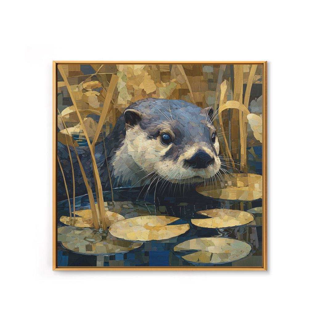 Playful Otter Floating Among Lily Pads Framed Canvas Print, Animal Art, Printable, Living Room Decor, Fine Art, Creature, ANI-1x1-8