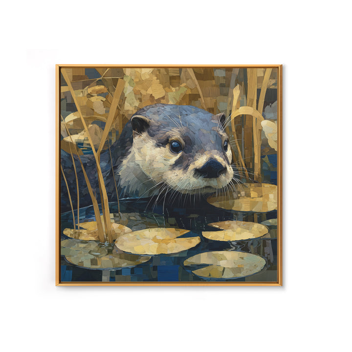 Playful Otter Floating Among Lily Pads Framed Canvas Print, Animal Art, Printable, Living Room Decor, Fine Art, Creature, ANI-1x1-8
