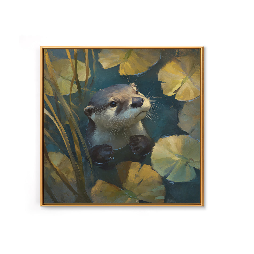 Playful Otter Floating Among Lily Pads Framed Canvas Print, Animal Art, Modern Decor, Living Room Decor, Fine Art, Creature, ANI-1x1-80