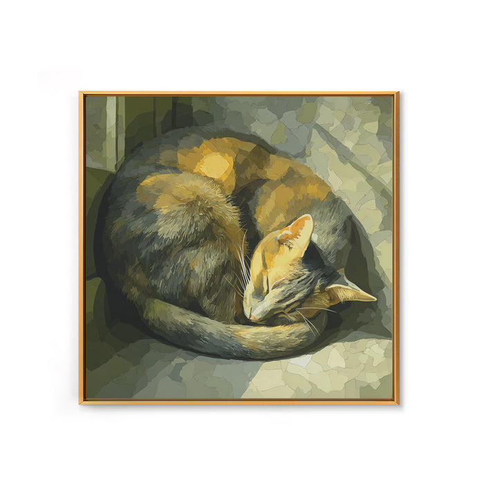 Sleeping Cat Curled Framed Canvas Print, Animal Art, Cat Art, Living Room Decor, Abstract Art, Creature, Art Print, ANI-1x1-84