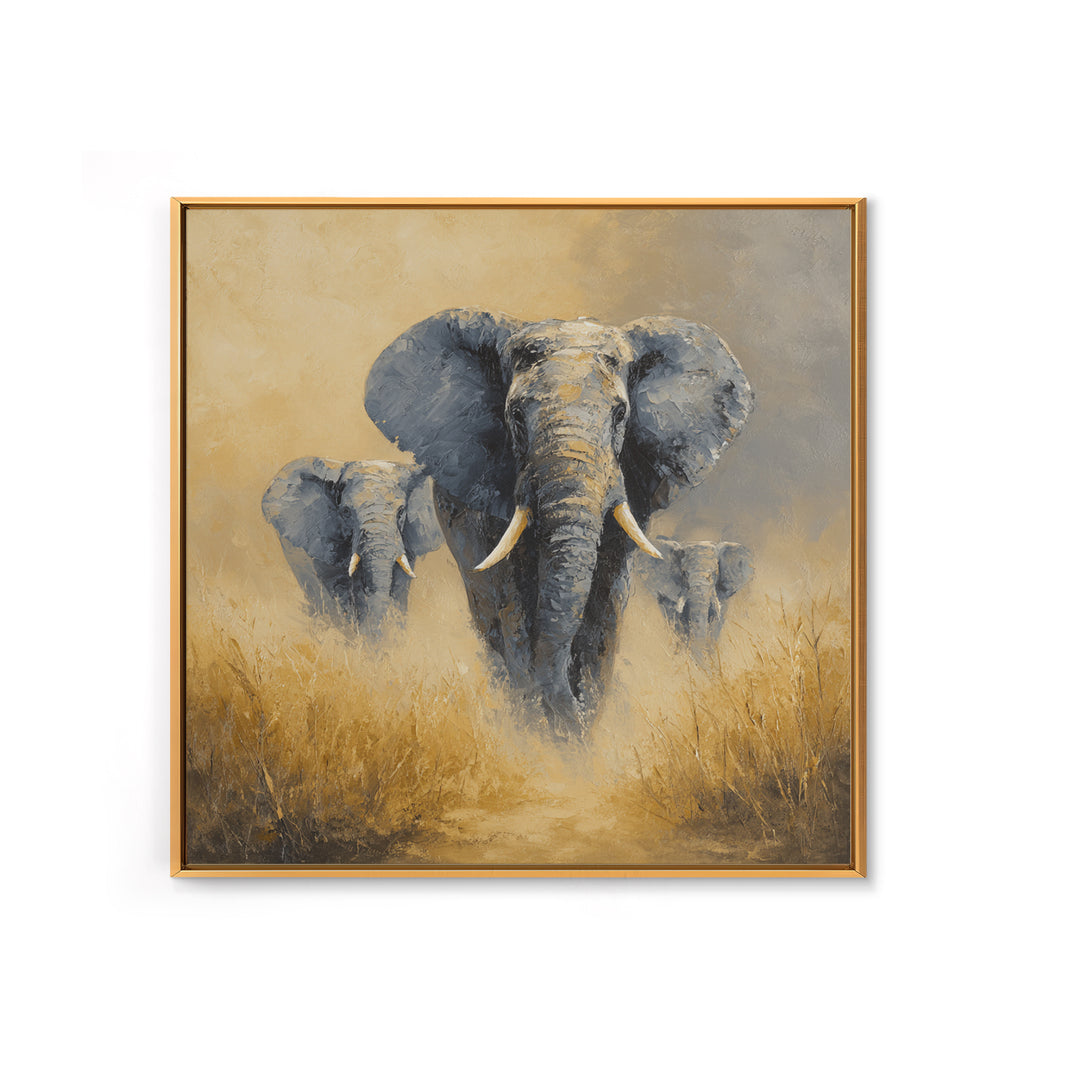 Elephant Family Walking Through Dusty Golden Light Canvas Print, Animal Art, Modern Decor, Living Room Decor, Creature, ANI-1x1-86