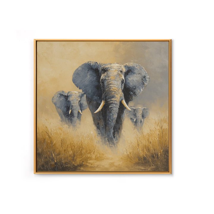 Elephant Family Walking Through Dusty Golden Light Canvas Print, Animal Art, Modern Decor, Living Room Decor, Creature, ANI-1x1-86