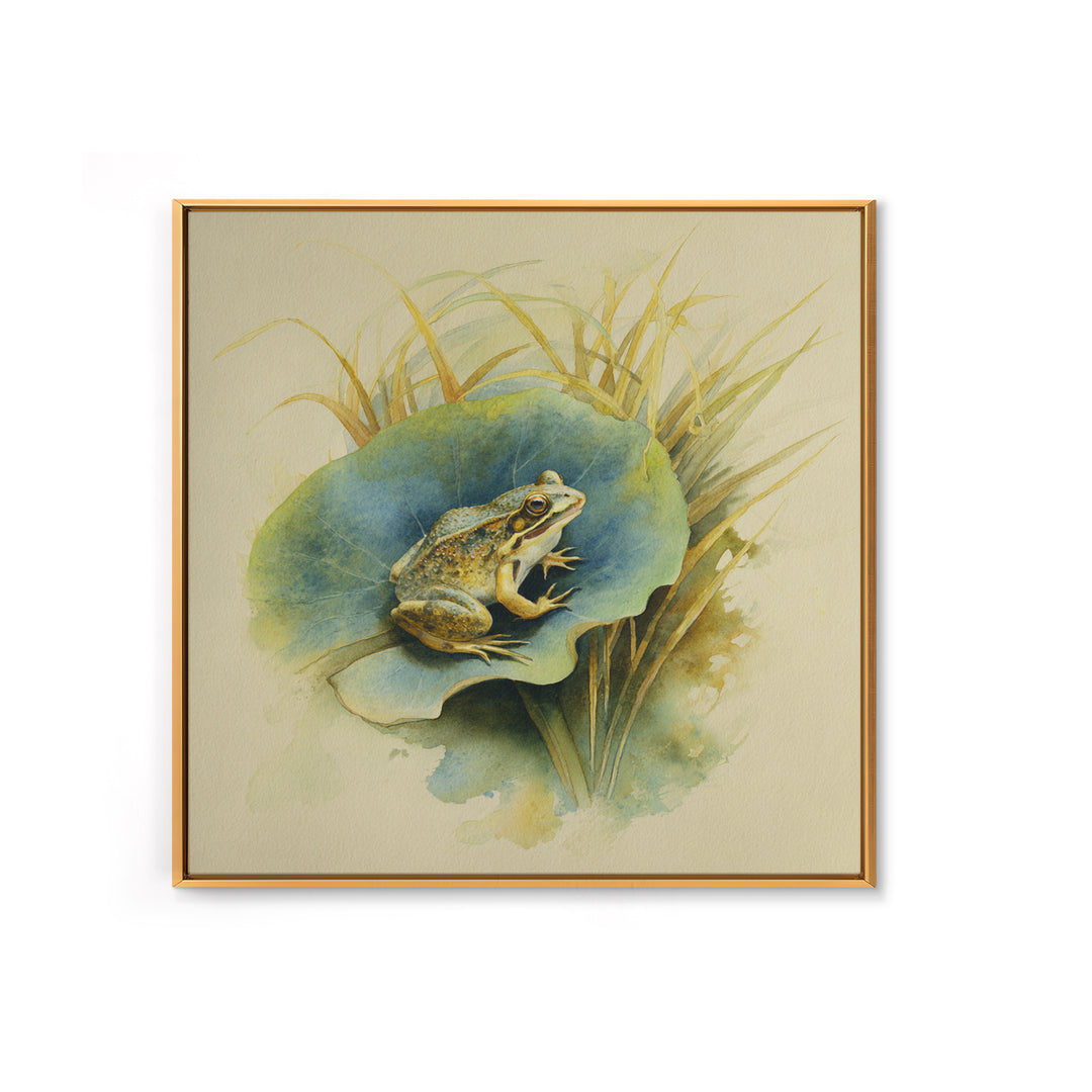 Frog on a Lotus Leaf Canvas Print, Animal Art, Trendy Wall Art, Living Room Decor, Watercolor Art, Creature, Textured Painting, ANI-1x1-92