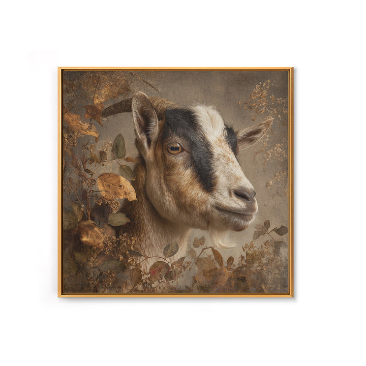Goat Portrait with Rustic Folk Art Personality Framed Canvas Print, Animal Art, Luxury Decor, Living Room Decor, Oil Painting, ANI-1x1-93