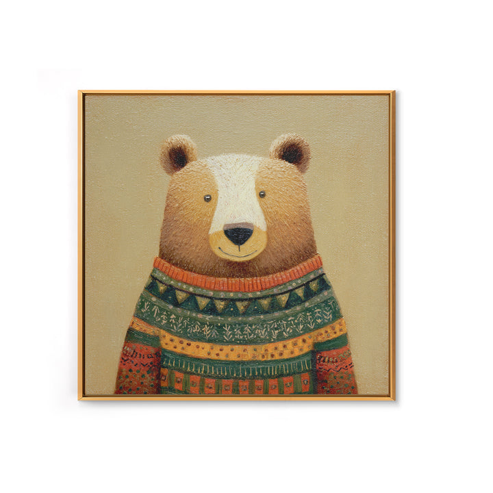 Whimsical Bear in a Patterned Sweater with Canvas Print, Animal Art, Boho Decor, Living Room Decor, Fine Art, Creature, ANI-1x1-98