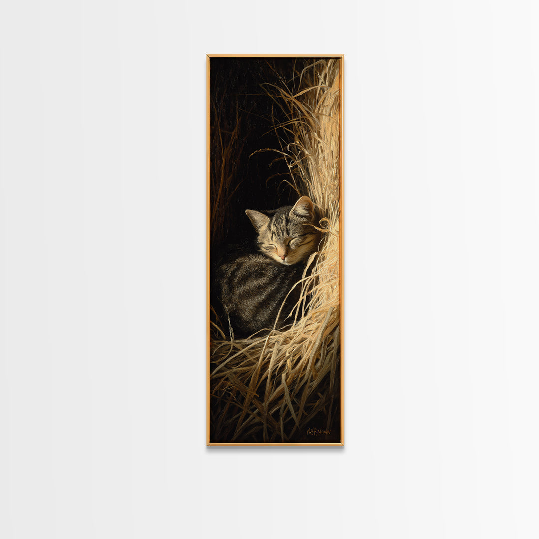 Sleeping Cat Curled Framed Canvas Print, Animal Art, Art Print, Living Room Decor, Fine Art, Creature, Digital Art, Printable, ANI-1x3-24