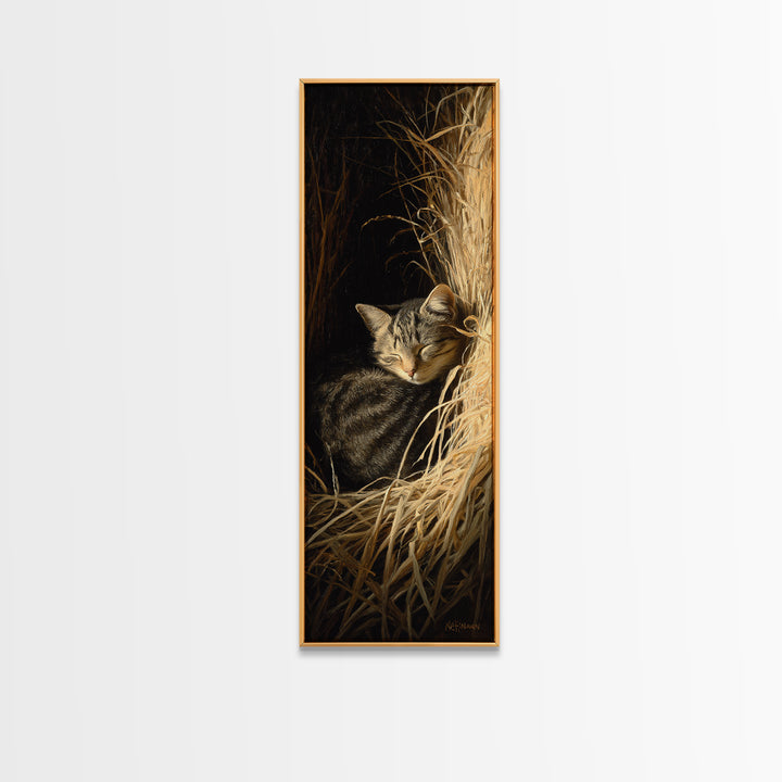 Sleeping Cat Curled Framed Canvas Print, Animal Art, Art Print, Living Room Decor, Fine Art, Creature, Digital Art, Printable, ANI-1x3-24