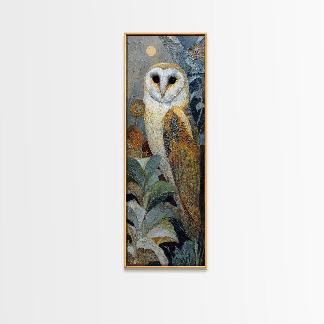 Owl with Moonlit Feathers and Celestial Accents Canvas Print, Animal Art, Minimalist Decor, Living Room Decor, Creature, ANI-1x3-3