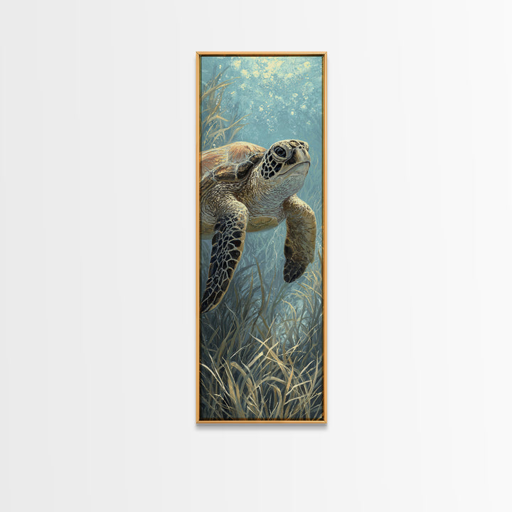 Sea Turtle Drifting Through Luminous Blue Water Canvas Print, Animal Art, Modern Wall Art, Living Room Decor, Creature, ANI-1x3-30