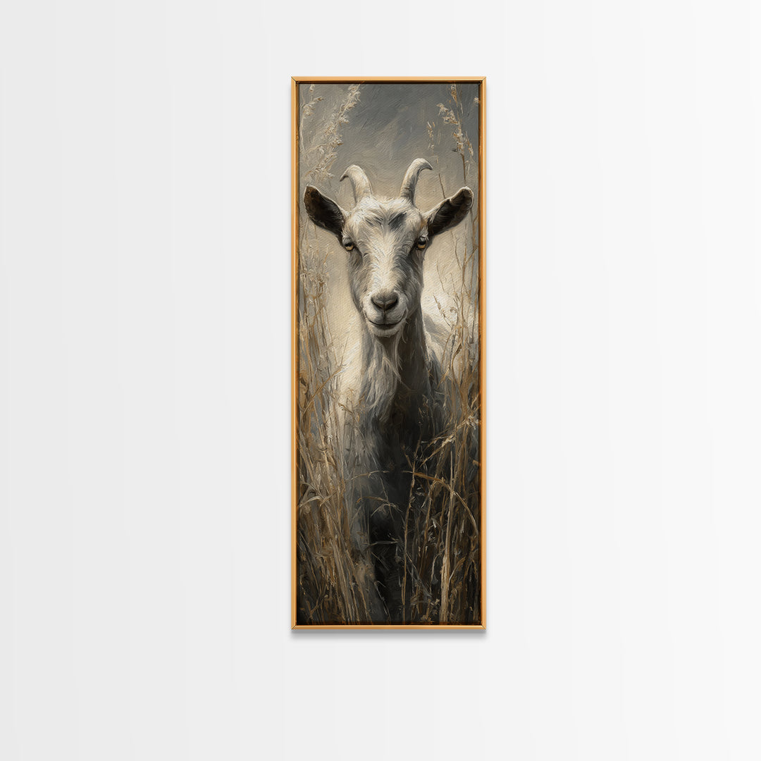 Goat Portrait with Rustic Folk Art Personality Canvas Print, Animal Art, Oil Painting, Living Room Decor, Fine Art, Creature, ANI-1x3-33