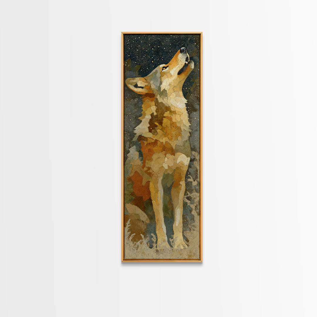 Wolf Silhouette Beneath a Star Filled Sky Framed Canvas Print, Animal Art, Nursery Art, Living Room Decor, Watercolor Art, ANI-1x3-34