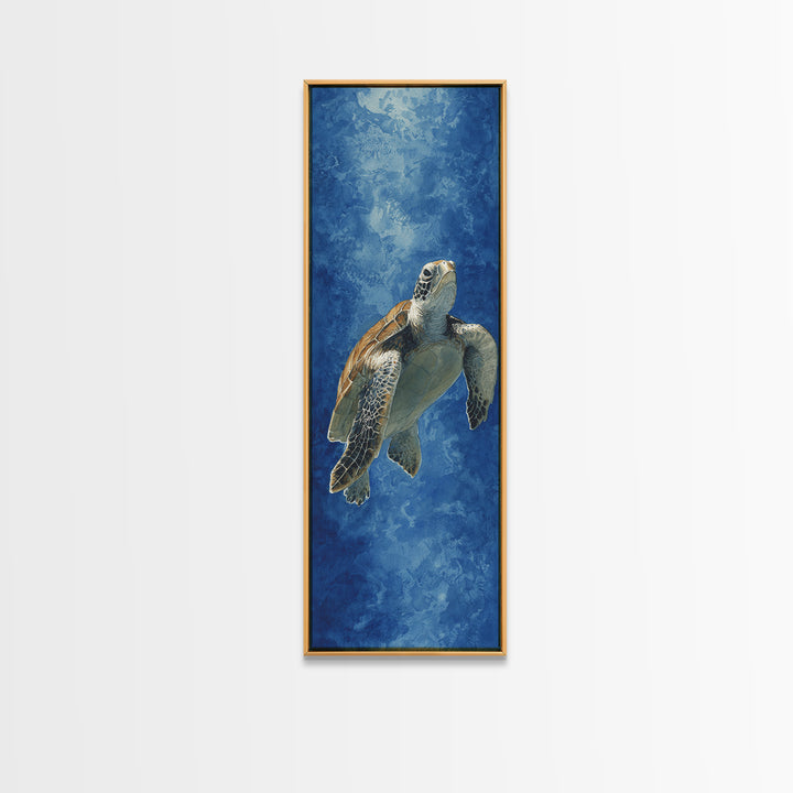 Sea Turtle Drifting Through Luminous Blue Water Canvas Print, Animal Art, Modern Wall Art, Living Room Decor, Creature, ANI-1x3-54