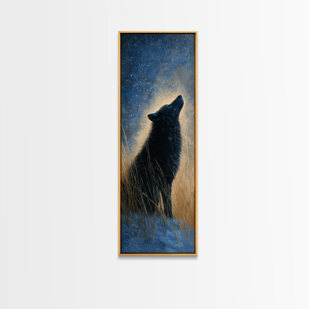 Wolf Silhouette Beneath a Star Filled Sky Framed Canvas Print, Animal Art, Nursery Art, Living Room Decor, Watercolor Art, ANI-1x3-58