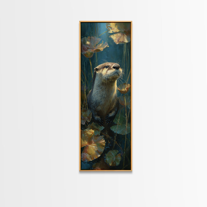 Playful Otter Floating Among Lily Pads Canvas Print, Animal Art, Oil Painting, Living Room Decor, Fine Art, Creature, ANI-1x3-68