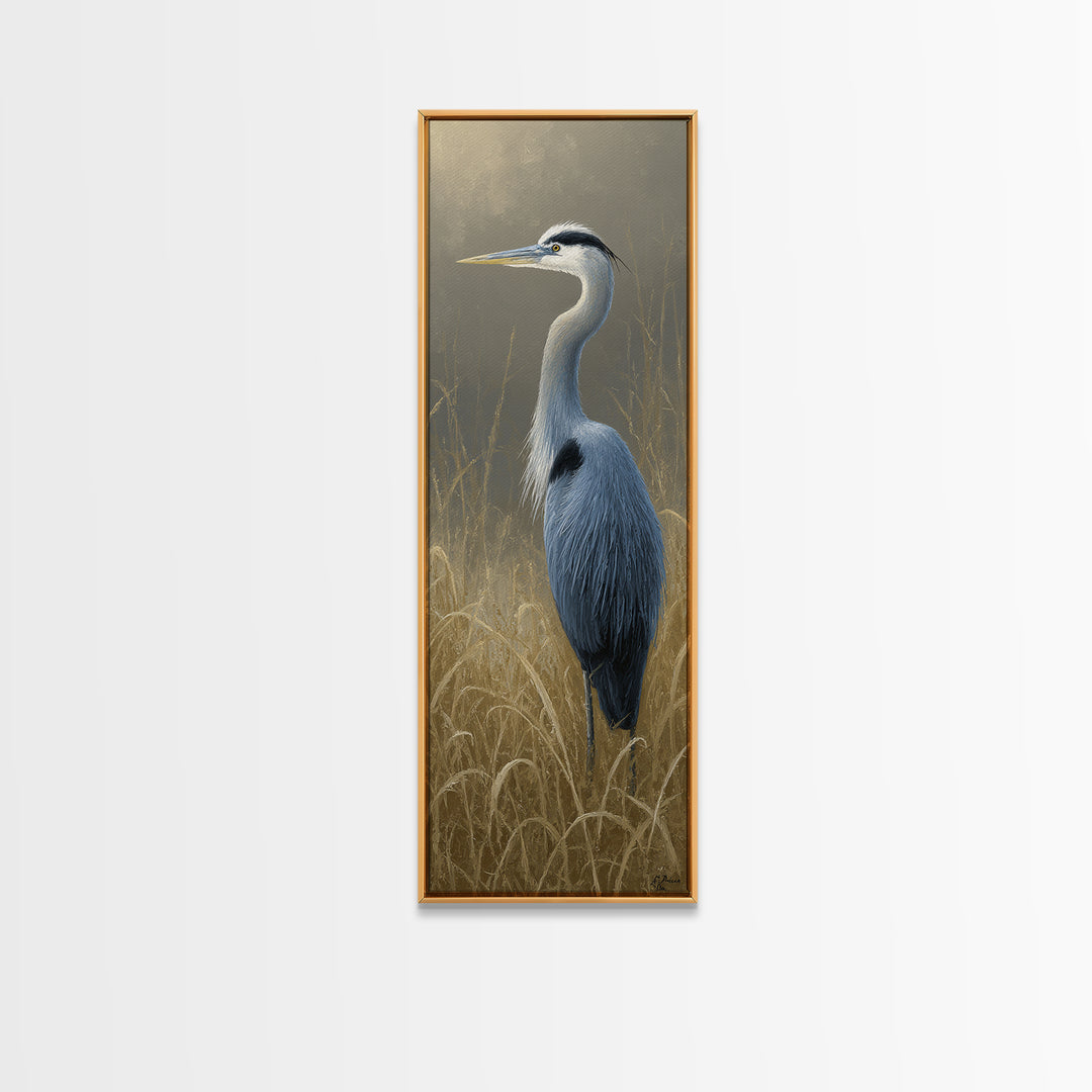 Blue Heron Standing Framed Canvas Print, Animal Art, Nursery, Living Room Decor, Creature, Modern Decor, Fine Art Print, ANI-1x3-71