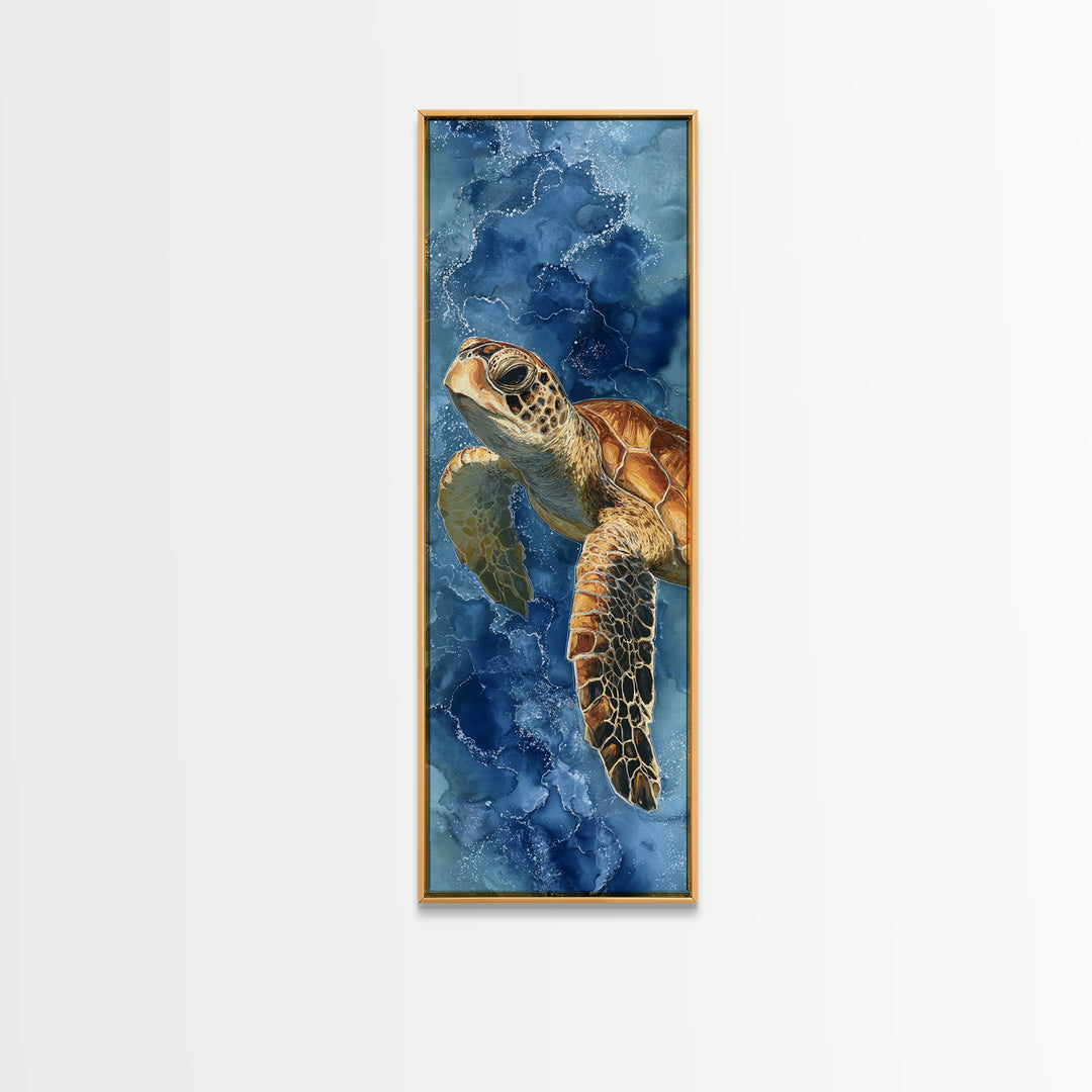 Sea Turtle Drifting Through Luminous Blue Water Canvas Print, Animal Art, Downloadable Art, Living Room Decor, Creature, ANI-1x3-78