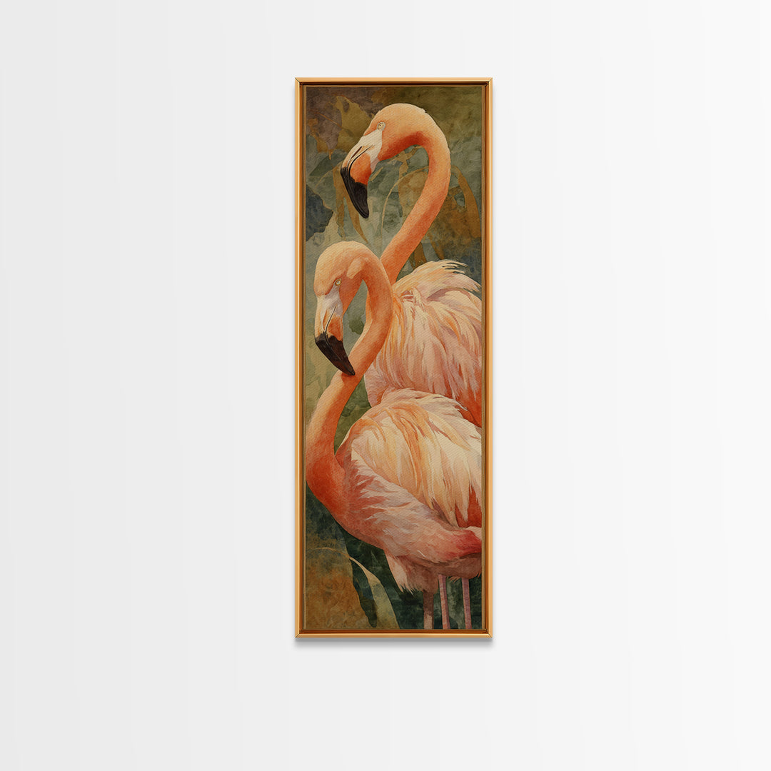 Flamingo Pair in Elegant Coral and Cream Framed Canvas Print, Animal Art, Digital Print, Living Room Decor, Fine Art, Creature, ANI-1x3-79