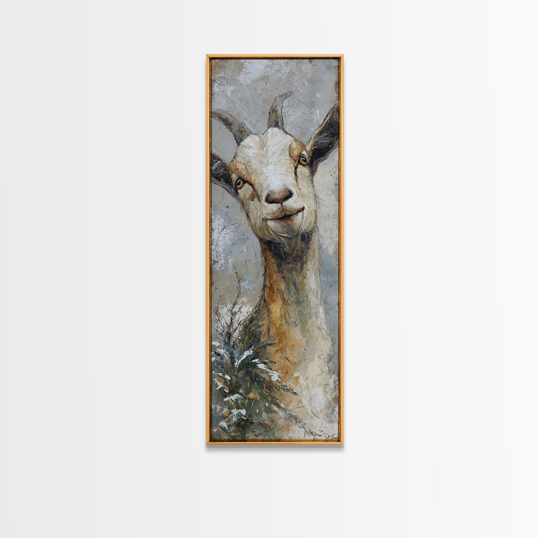 Goat Portrait with Rustic Folk Art Personality Canvas Print, Animal Art, Nursery Decor, Living Room Decor, Fine Art, Creature, ANI-1x3-81