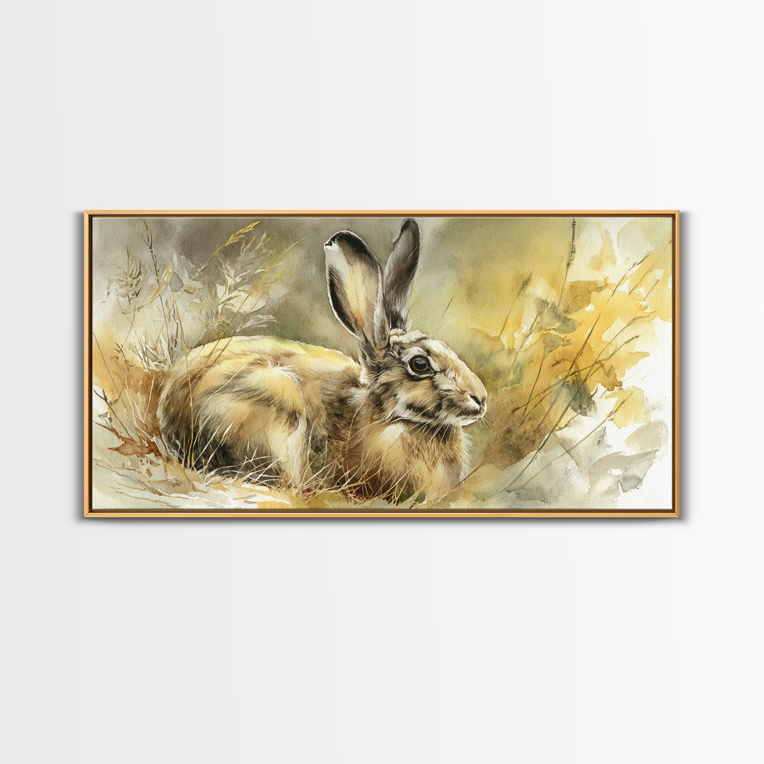 Curious Rabbit in a Soft Watercolor Meadow Framed Canvas Print, Animal Art, Living Room Decor, Oil Painting, Creature, ANI-2x1-1