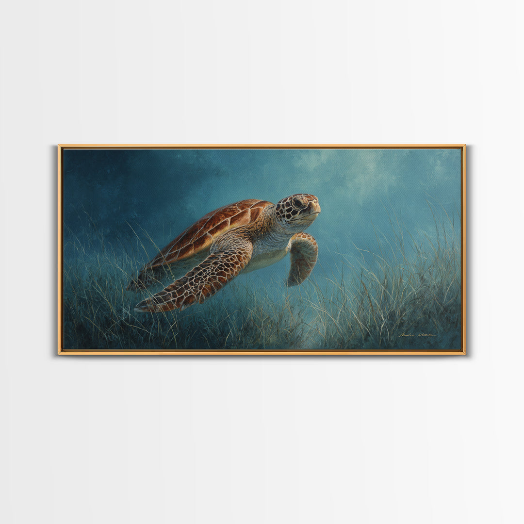 Sea Turtle Drifting Through Luminous Blue Water Canvas Print, Animal Art, Fine Art Print, Living Room Decor, Creature, ANI-2x1-14