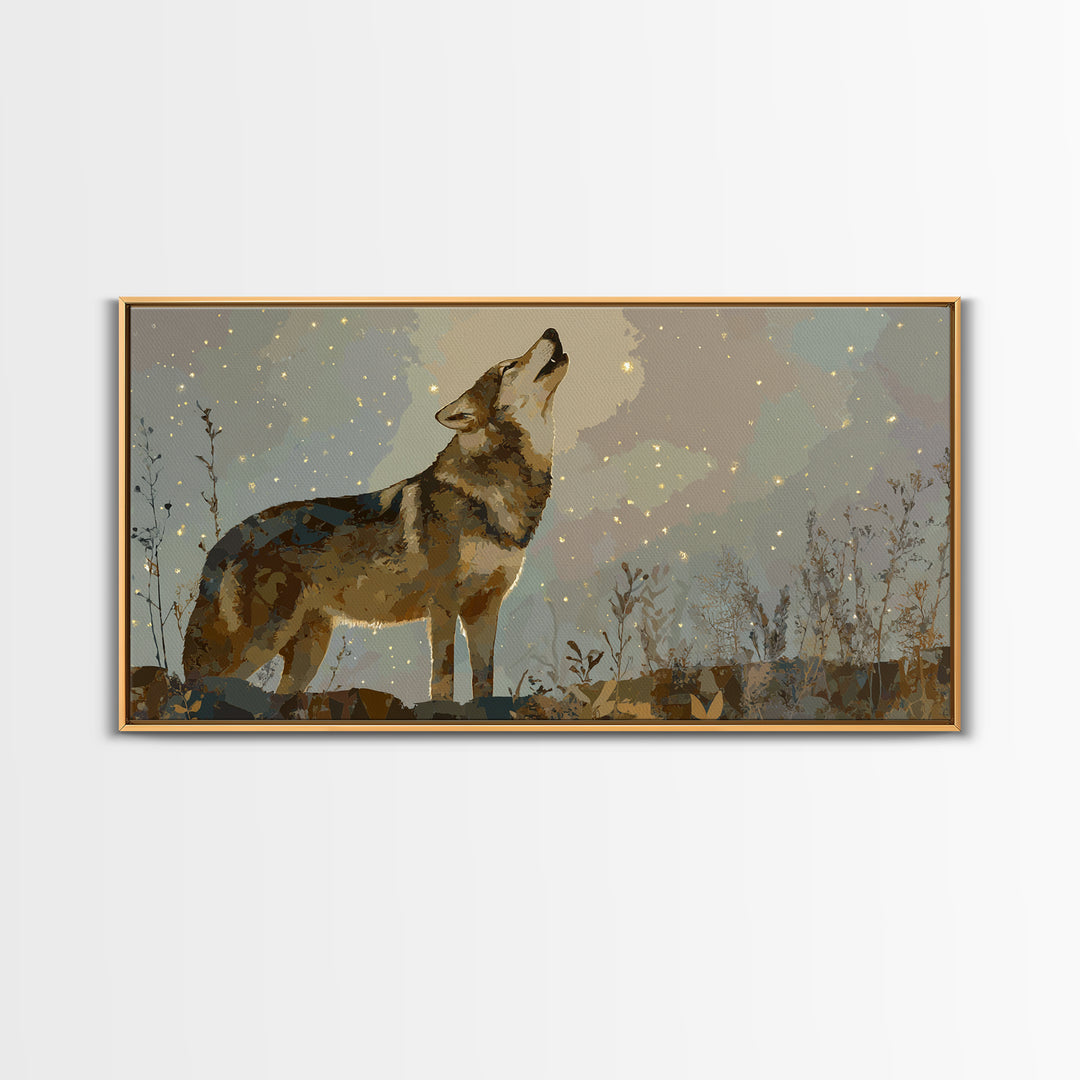 Wolf Silhouette Beneath a Star Filled Sky Framed Canvas Print, Animal Art, Statement Artwork, Living Room Decor, Creature, ANI-2x1-18