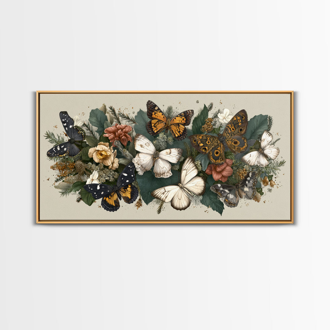 Butterfly Specimen Composition Framed Canvas Print, Animal Art, Cat Art, Living Room Decor, Fine Art, Creature, Art Print, ANI-2x1-19