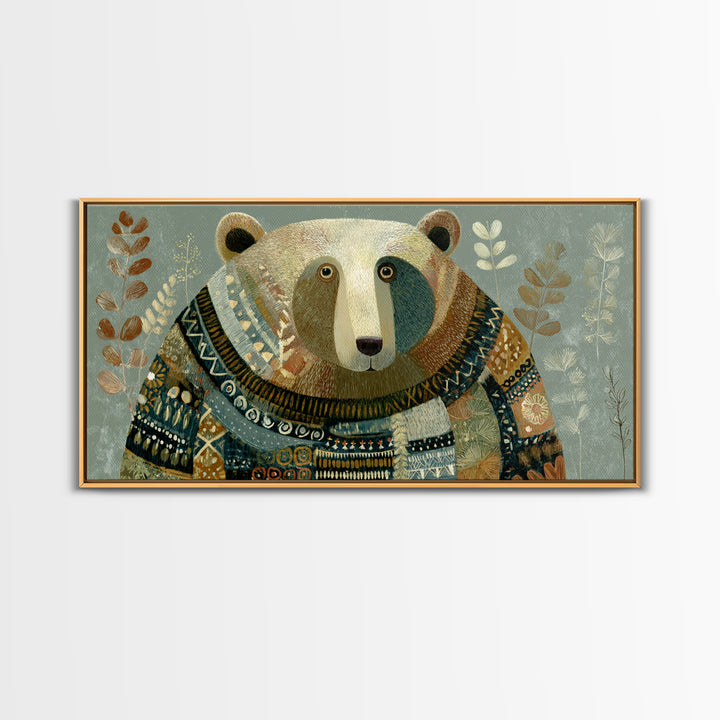 Whimsical Bear in a Patterned Sweater with Canvas Print, Animal Art, Boho Decor, Living Room Decor, Fine Art, Creature, ANI-2x1-22