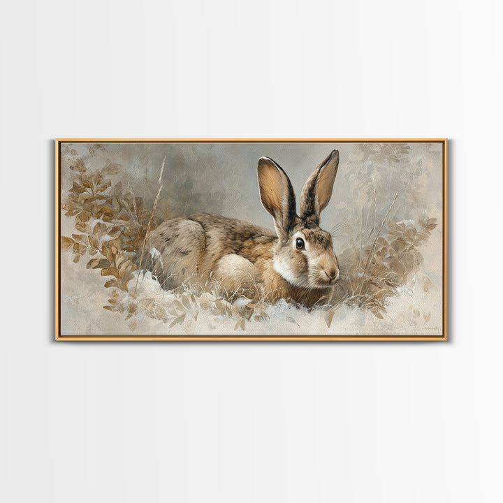 Curious Rabbit in a Soft Watercolor Meadow Framed Canvas Print, Animal Art, Living Room Decor, Oil Painting, Creature, ANI-2x1-25