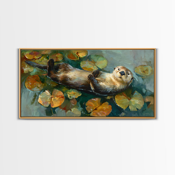 Playful Otter Floating Among Lily Pads Framed Canvas Print, Animal Art, Minimalist Decor, Living Room Decor, Fine Art, Creature, ANI-2x1-28
