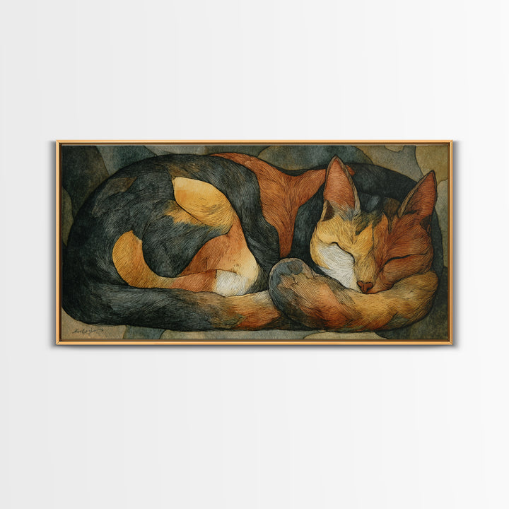 Sleeping Cat Curled Canvas Print, Animal Art, Contemporary Art, Living Room Decor, Oil Painting, Creature, Digital Wall Art, ANI-2x1-32