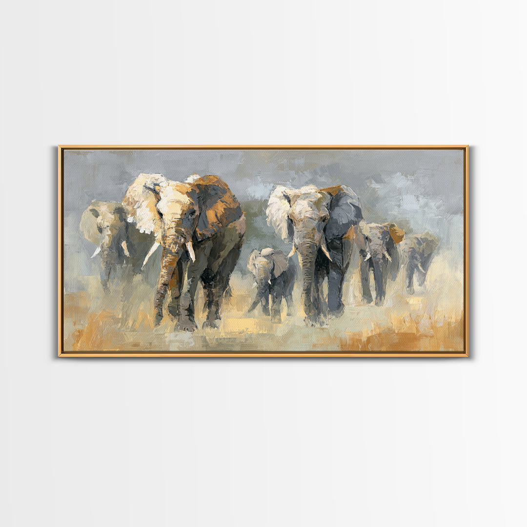 Elephant Family Walking Through Dusty Golden Light Framed Canvas Print, Animal Art, Art Print, Living Room Decor, Creature, ANI-2x1-34