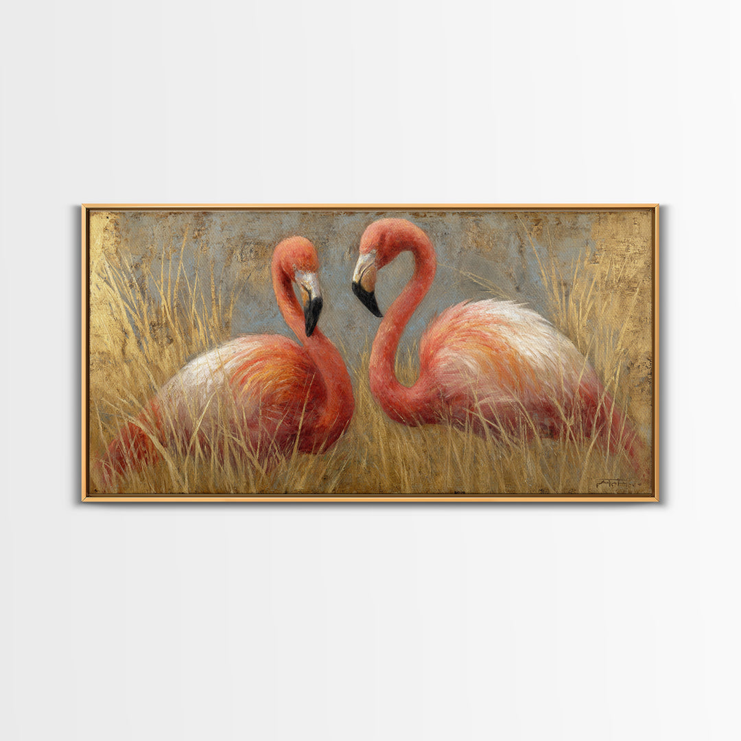 Flamingo Pair in Elegant Coral and Cream Canvas Print, Animal Art, Decor, Living Room Decor, Oil Painting, Creature, ANI-2x1-39
