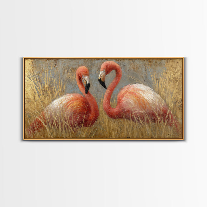 Flamingo Pair in Elegant Coral and Cream Canvas Print, Animal Art, Decor, Living Room Decor, Oil Painting, Creature, ANI-2x1-39
