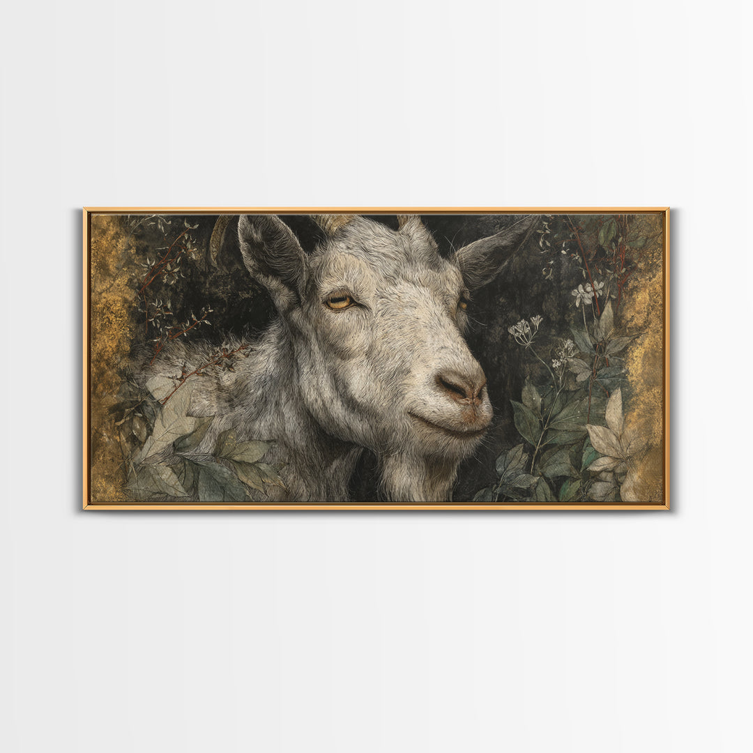 Goat Portrait with Rustic Folk Art Personality Canvas Print, Animal Art, Contemporary Art, Living Room Decor, Creature, ANI-2x1-41