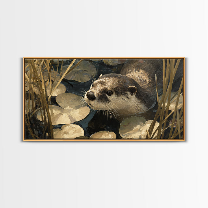Playful Otter Floating Among Lily Pads Canvas Print, Animal Art, Decor, Living Room Decor, Fine Art, Creature, Digital Print, ANI-2x1-52